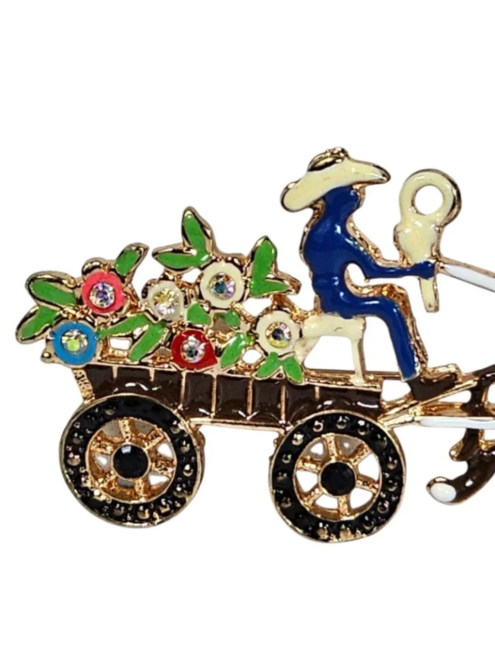 Enamel Donkey Cart Brooch Pin Cowboy with Flowers, Colorful VTG